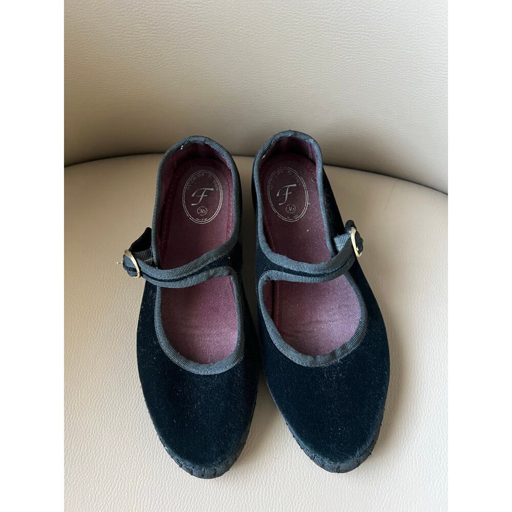 Flabelus Maryjane Shoes Sz 36 5.5 6 Black Velvet Made In Spain Buckle Flats
